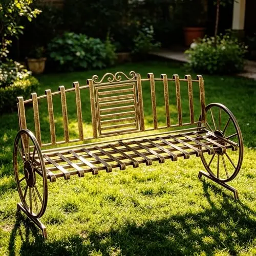 Outdoor Bench Patio Outdoor Garden with Built-in Table, Wagon Wheel Arms, 3 People Outdoor Garden