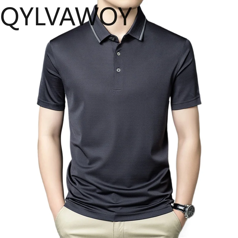

QYLVAWOY Summer Men's Polo Shirts 100% Mulberry Silk Men's Shirts Business Shirt Lapel Short Sleeve Solid T Shirt Homme Camisas