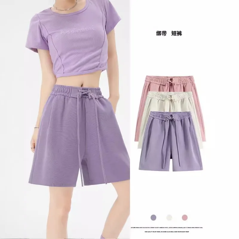 Women High Waist Drawstring Wide Leg Sports Shorts Loose Casual Plus Size Five Points Sweat Shorts