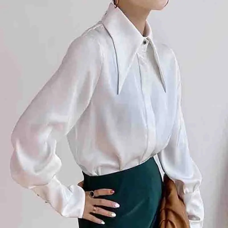 New Fashion Turn Down Collar Women\'s Blouse Button Up Satin Silk Women Shirts White Office Woman Tops Yellow Clothes 16946