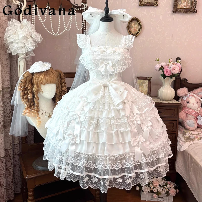 

Original White Flower Wedding Dress Girls Sweet Bow Lace Lolita Birthday Dress Women's High Waist Slim Elegant Princess Dress