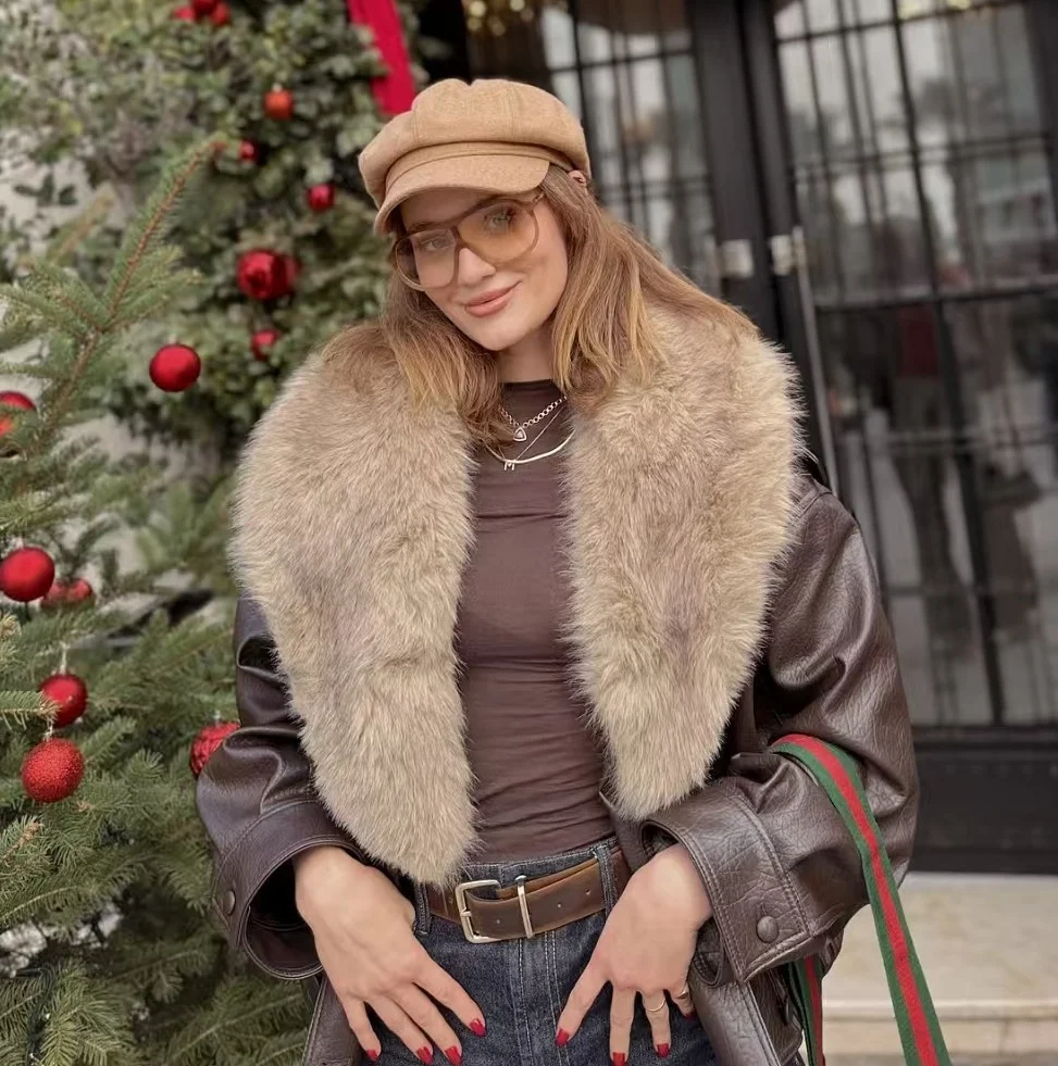 

Женская осенняя куртка WMXZ из искусственной кожи свободного кроя с отстегивающимся воротником, модная повседневная модель с длинными рукавами