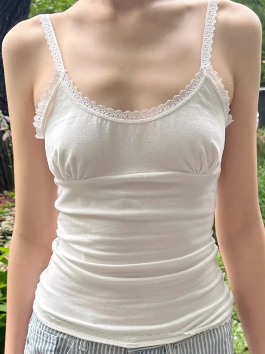 Lace Trim White Slim Tank Top Woman Summer Sleeveless Soft Cotton Camis Casual Vintage Streetwear Sweet Basic Crop Tops Y2k Vest