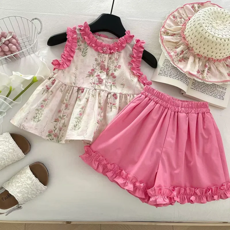 

2025Summer Girls' Outfit Floral Vest Top with Lace Shorts Baby Girl Casual Two-Piece Set Dropshipping