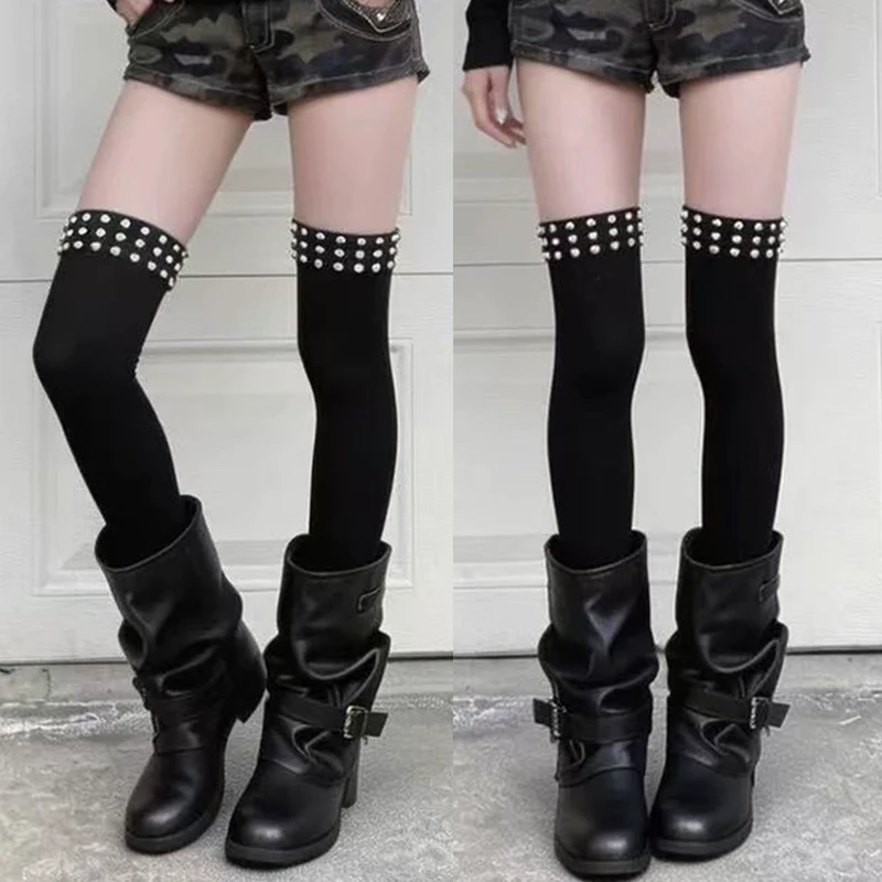 Dark Punk Black Knee-high Studded Rivet Trim Subculture y2K Lolita Summer Stockings Stretch Long Socks 2026 New Women's Socks