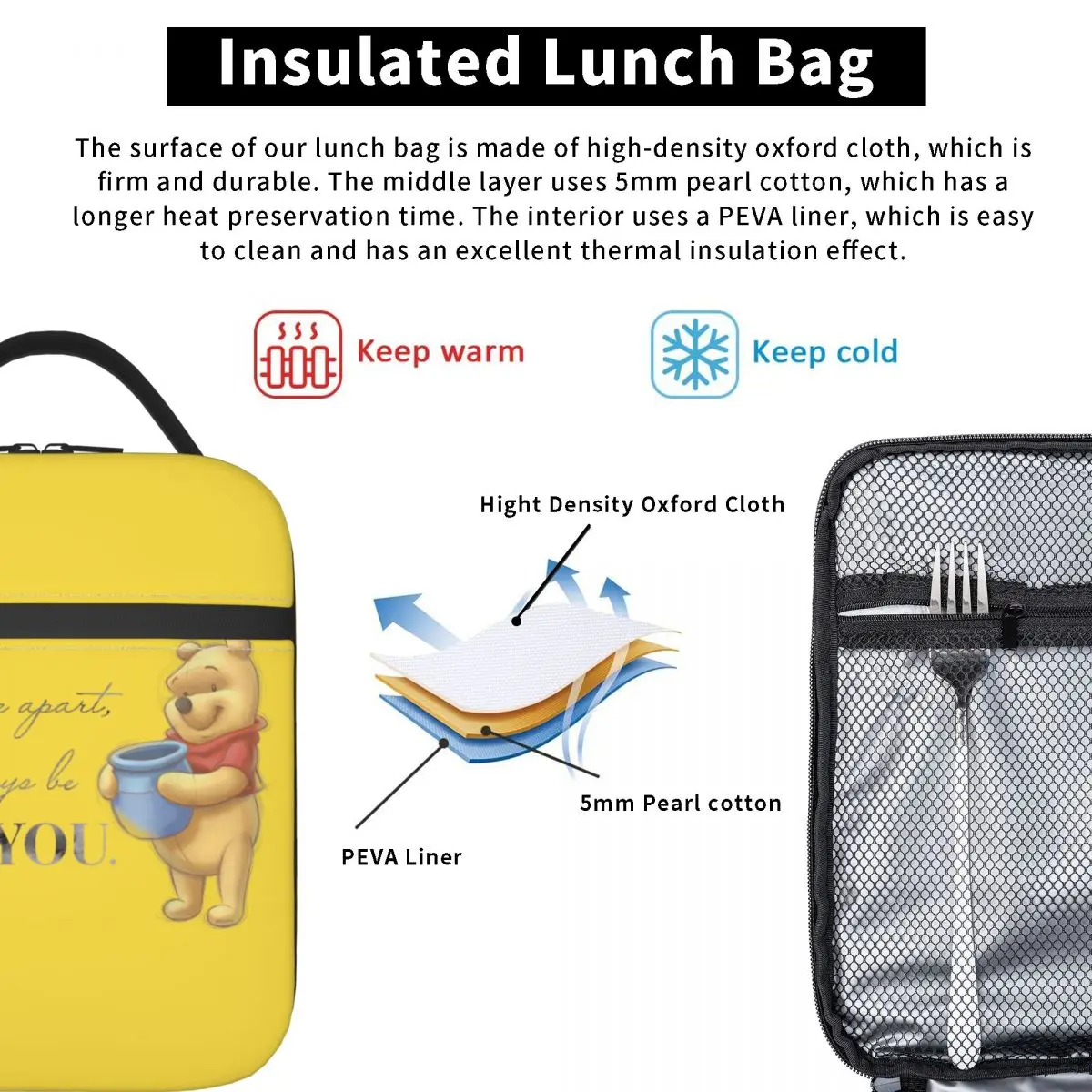 100 الذكرى ويني ذا بوه اقتباس معك حقيبة الغداء المحمولة علب الاغذية مكتب حقيبة للحفاظ على البرودة الجمالية الحرارية حمل حقائب اليد