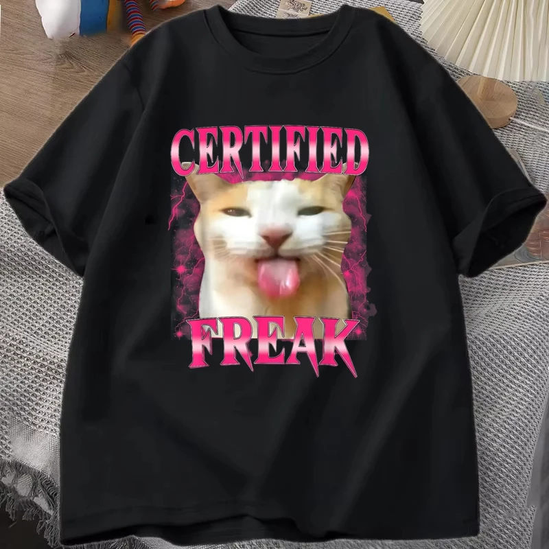 

Certified Freak Eating Cement Unhappy Cat Funny Cat Expression Pack T-shirt Women's Men's Summer Personality Round Neck T-shirt
