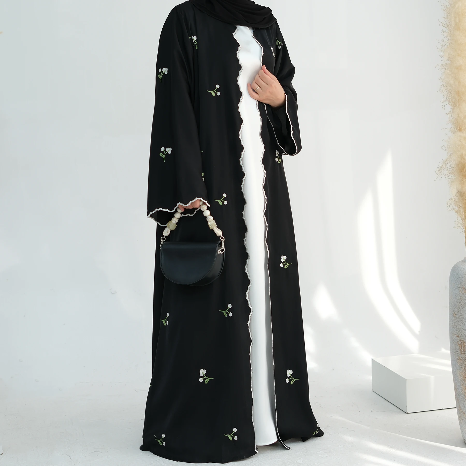 Flower Embroidery Open Abaya for Muslim Women, (No Inner), Evening Party Outwear, Islamic Clothing, Dubai Hijabi Kimono, Ramadan