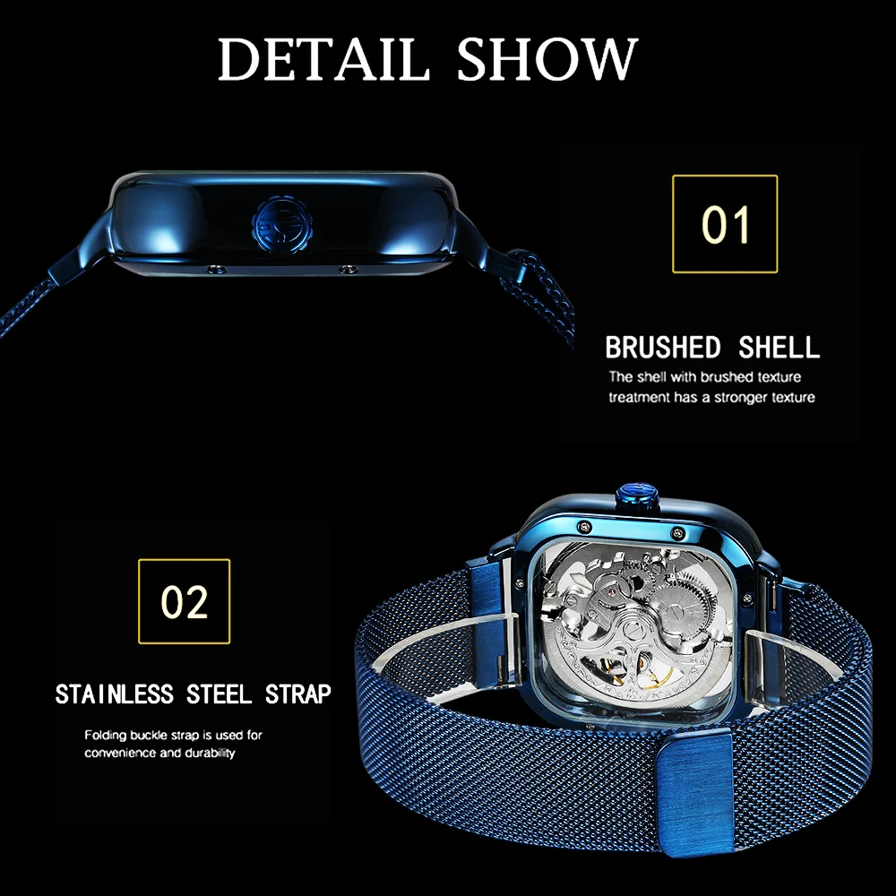 FORSINING Blue Engraved Men Automatic Skeleton Mechanical Watches Luminous Hands Hollow Carving Casual Mesh Steel Band Man Clock
