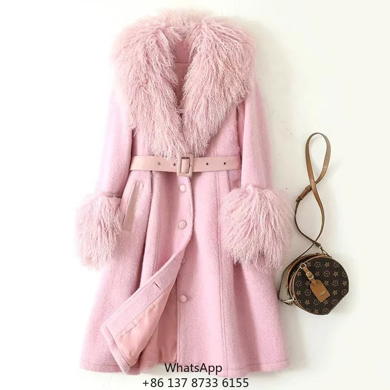 Women's Slim Fit Long Woolen Coat With Warm Pink Plush Cuffs Sheep Fur Collar Comfortable Polyester Lining For Winter Fashion