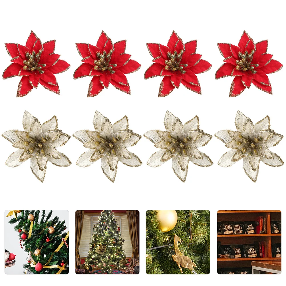 

24 Pcs Glitter Christmas Flower Decor Accessories Silk Artificial Flowers Adornment