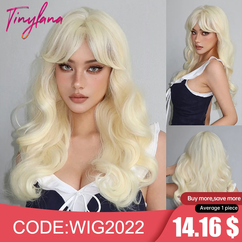 Blond brązowo-żółty Lolita Cosplay peruki syntetyczne długie kręcone faliste naturalne włosy z grzywką dla kobiet impreza peruka termoodporna