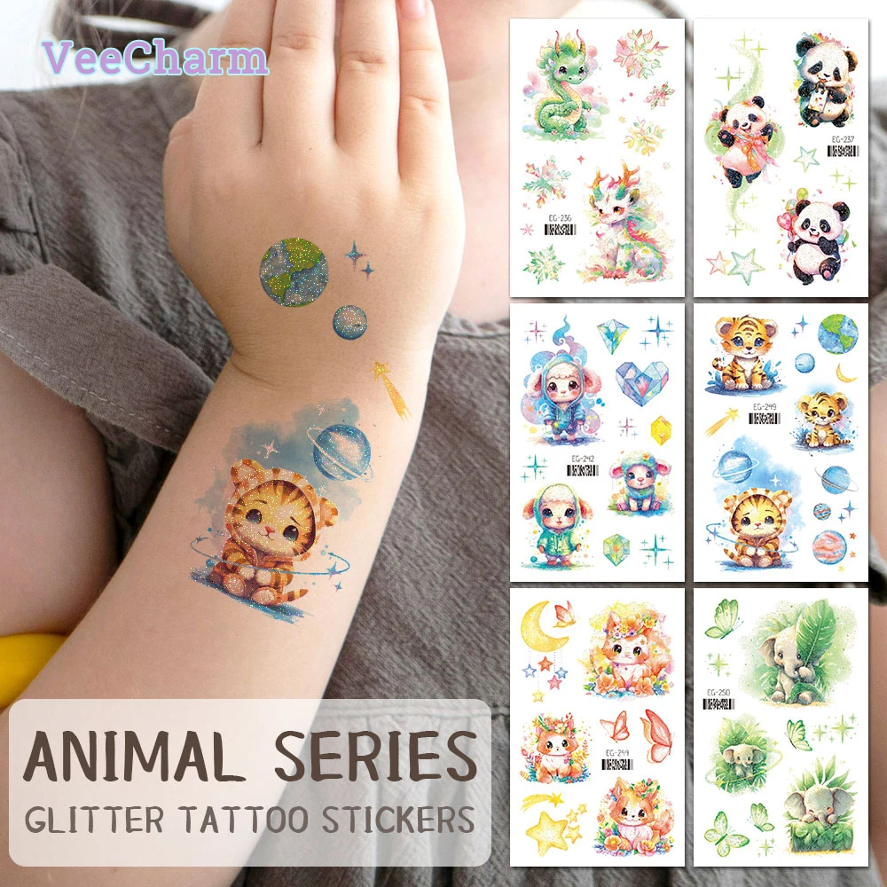 VeeCharm - Glitter Animal Temporary Tattoo Stickers for Kids Children: Safe, Waterproof, Child-friendly, Party Gifts, 1/18 Sheet