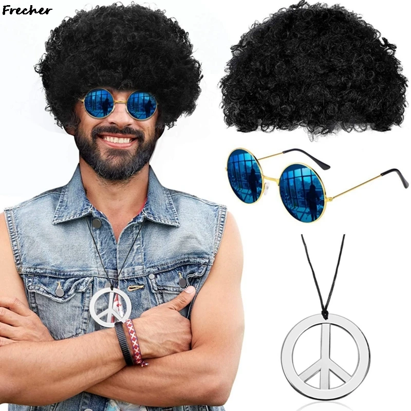 

Performance Role Play Costume Set Party Fancy Dress Vintage Sets Men Women Fashion Disco Wig Sunglasses Chain Suits Peace Sign