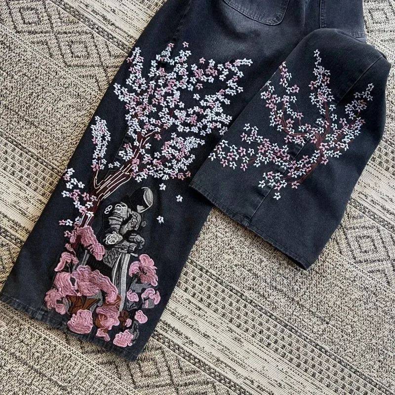Y2K Vintage Baggy Fallen Knight Cherry Blossom Embroidery Jeans Men Women Fashion Straight Wide-leg Denim Pants Streetwear Jean