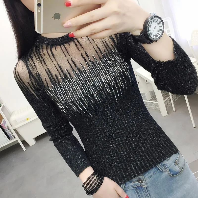 With Rhinestones Ladies Pullovers Trend on Promotion Autumn Winter 2026 Elegant Original Wear To Work Mesh Women's Knit Sweater