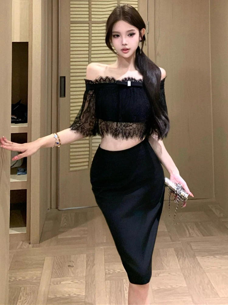 

Sexy Retro Girl One-Shoulder Lace Trim Bustier Top And Skirt Set Low Waist Flared Skirt Short Sleeve Comfortable Fit Summer O...