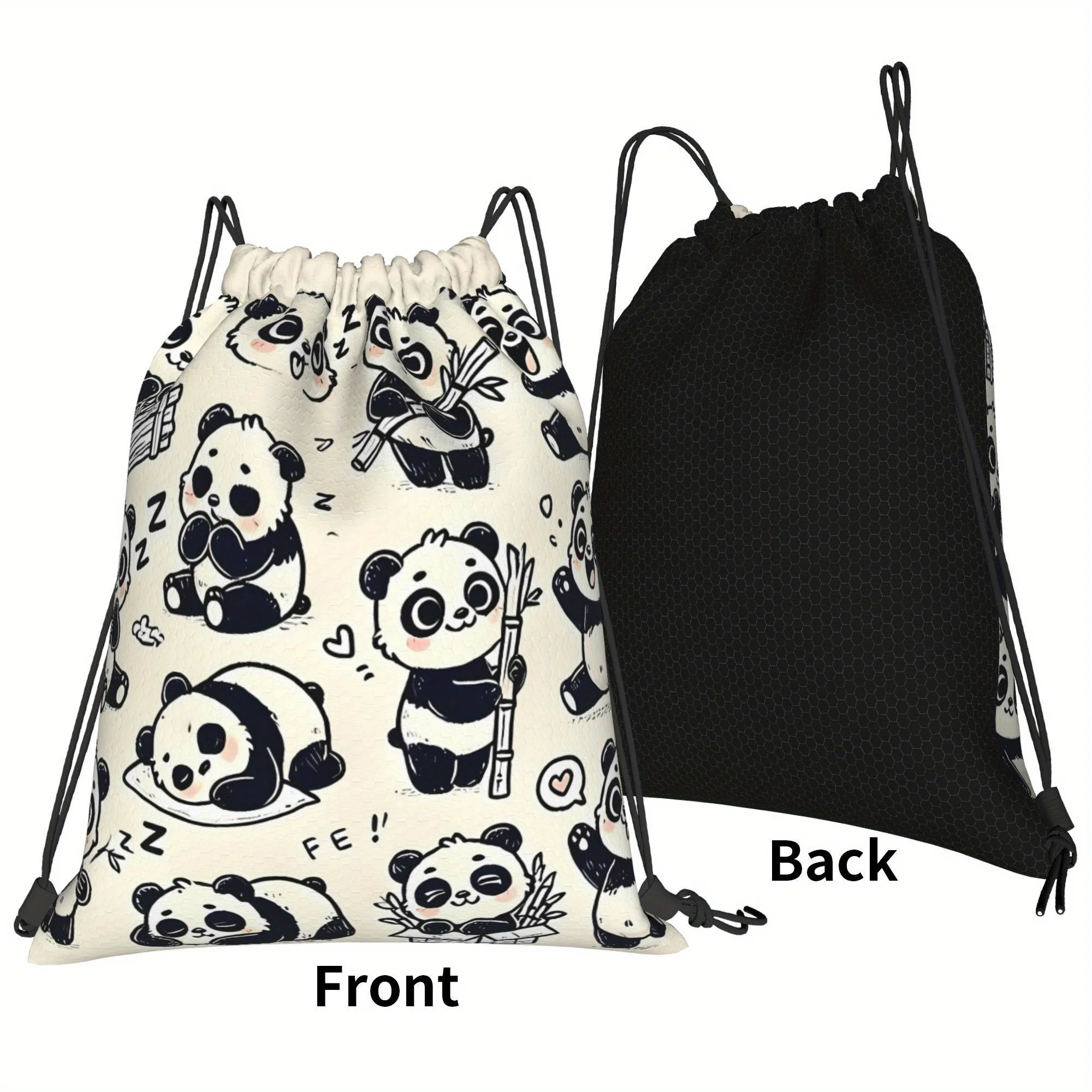 Cute Panda Doodle Drawstring Backpack, Durable & Lightweight, Fitness Hiking Travel Storage Bag