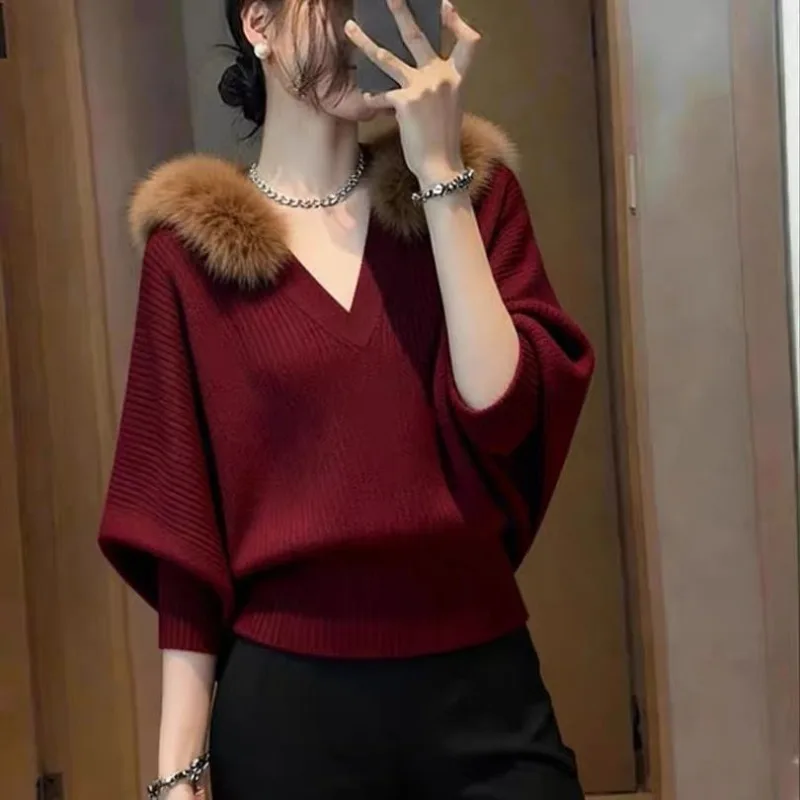 

New Year and Christmas Soft and Lazy Style Loose Fur Collar Red V-neck Sweater Women's Autumn and Winter Tops