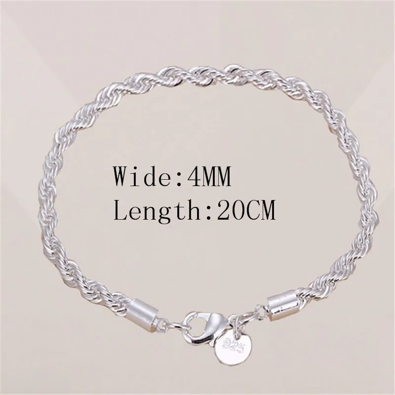 925 Sterling Zilver 4 MM Twisted Touw Armbanden Voor Vrouwen Mannen Mode Minimalistische Paar Ketting Armband Mannelijke Zilveren Sieraden Geschenken