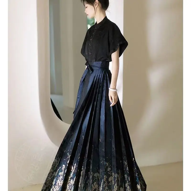 Womens Traf Skirts Vintage Prints Dresses Black Blue Chinese Traditional Ming Style Hanfu Vest Skirt Female Commuting Mamianqun