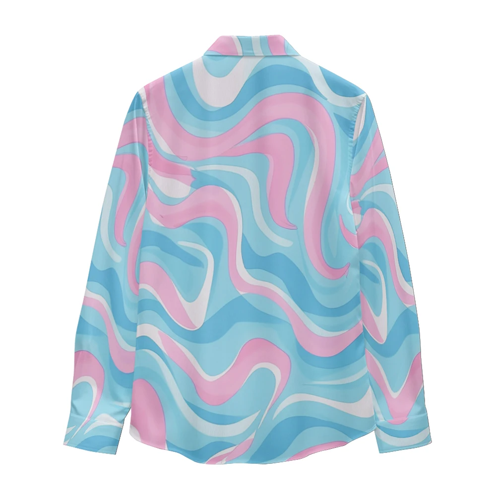 Pink blue white curve printed pattern long sleeved shirt, Spring and Autumn new style