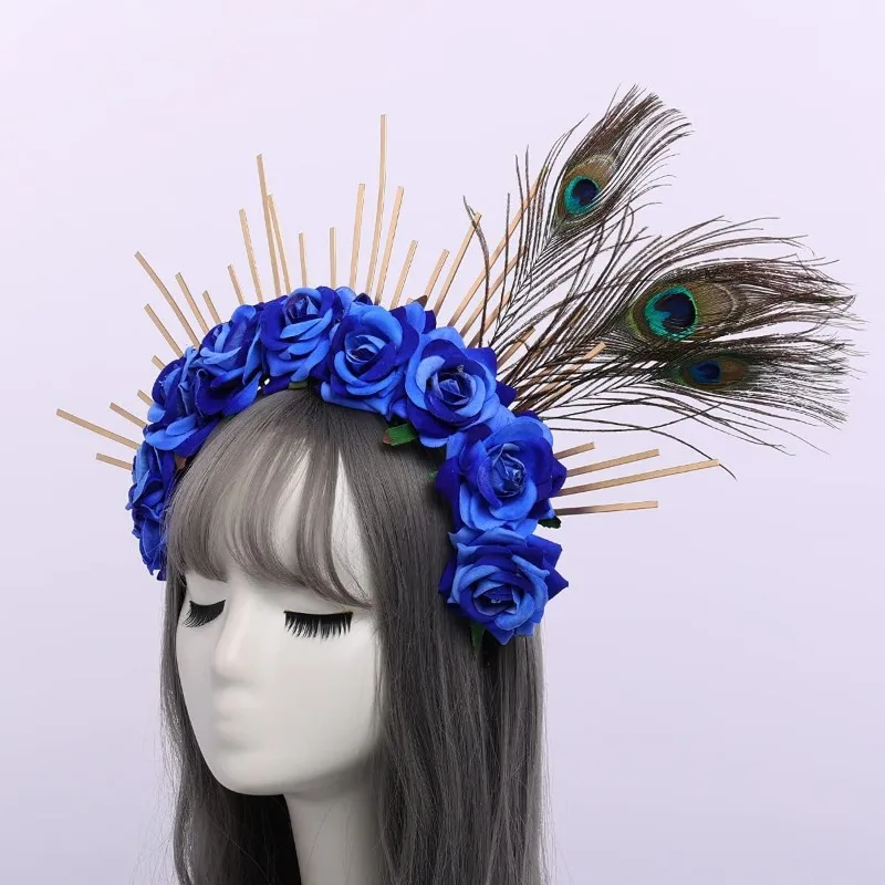 Gold Spike Halo Crown Peacock feathers Headpiece  Wedding Bride Hair Band Tiara