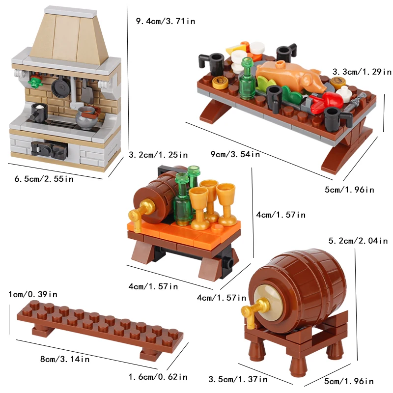 MOC Medieval Military Castle Wine Barrel Bar Furniture Building Blocks Street View Pub Table Roast Chicken Fireplace Bricks Toys