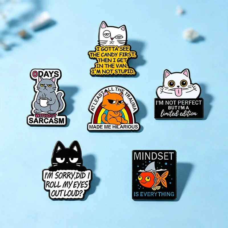 Funny English Slogan Cat Brooch Kawaii Cartoon Animal Badges Fashion Commute Gift Pins DIY Clothing Bags Hat T-shirt Accessory