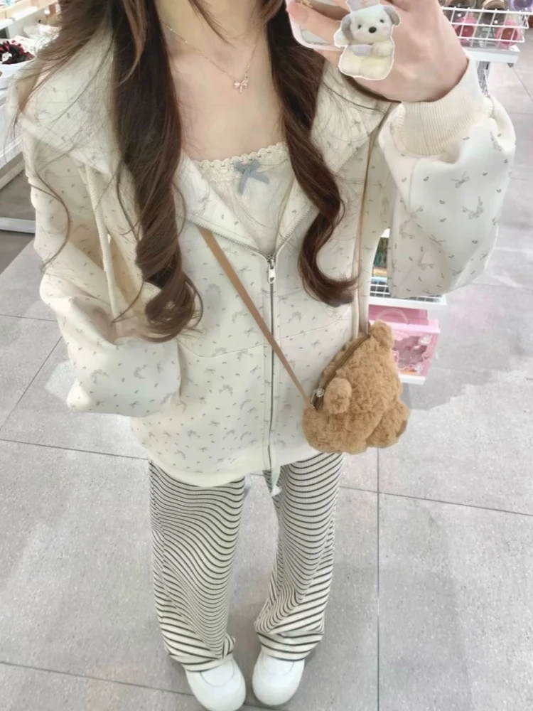 HOUZHOU Cuteore Sweet Coquette Hoodies Women Y2k Harajuku Kawaii Streetwear Bow Print Oversized Hooded Sweatshirt Soft Girl 2024