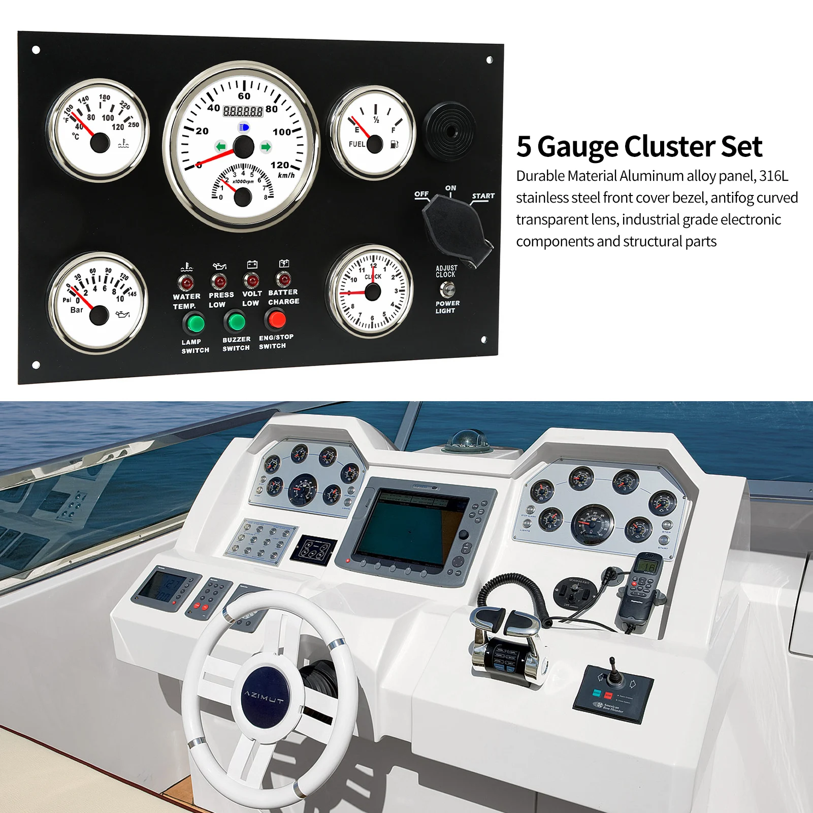 5 Gauge Cluster Set Speedometer Fuel Level Water Temperature Oil Pressure Meter Clock Multifunction for RV Yacht Dash Gauge Set