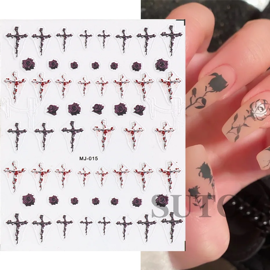 Bloody Black Rose Gothic Style Nails Sticker Dark Cross Cool Dry Rose Nail Decoration Red Flowers Charm Manicure Decals MJ-016