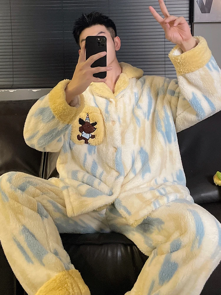 DAIMELU cartoon pajamas men's sleepwear set winter long sleeved coral fleece flannel thickened warm male youth loungewear suit
