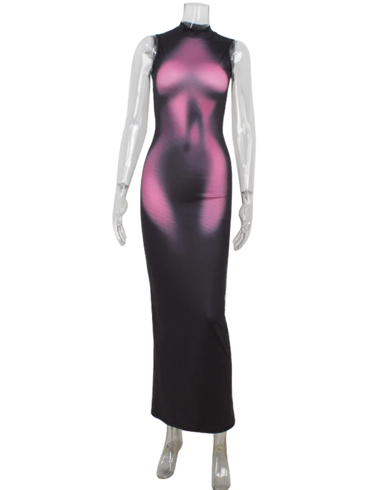 Ahagaga Fashion Print Women's Maxi Dresses Turtleneck Sleeveless Sheath Bodycon Causal Fit Streetwear Female Long Vestidos Maxi image 6