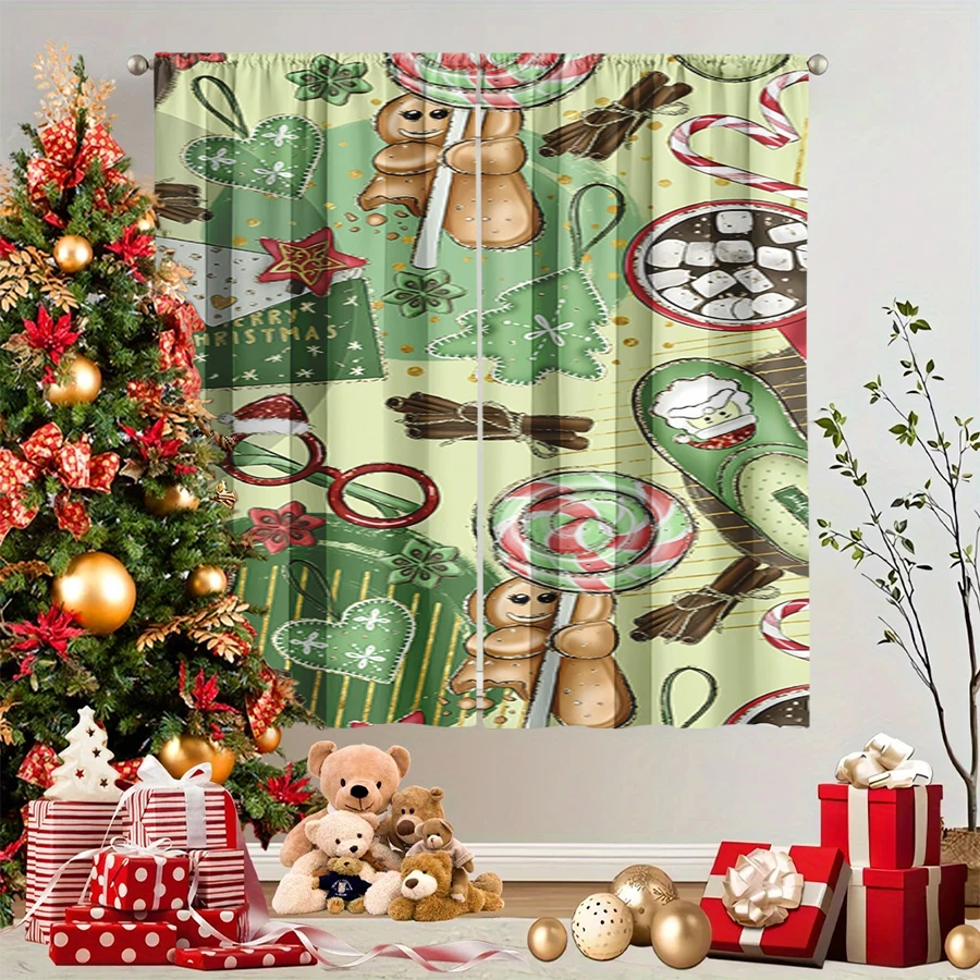 2PCS Christmas Winter Curtains, Hand Drawn Gingerbread Candy Cane Cocoa Green, Digital Print, Bedroom Living Room, Home Decor