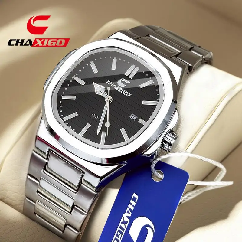 

CHAXIGO Luxury Men's Watch Waterproof Luminous Date Steel Band Men's Watch Sport Square Men's Watch Casual Quartz Men Watch 7537