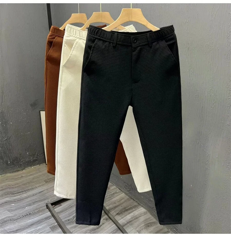 2027 New High-grade Men's Solid Suit Pants Spring Korean Style Pocket Waffle Pencil Pants Male Business Casual Trousers