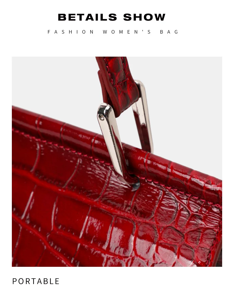 Damen-Handtasche aus Krokodilleder-Imitat, Glänzend Rote Henkeltasche mit Metallverschluss, Damen-Umhängetasche für Arbeit & Alltag – Detail 12