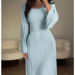 Vintage U Neck Long Dress for Women Autumn Long Trumpet Sleeve Evening Dresses Female Elegant Bandage Maxi Dress Lady Vestidos