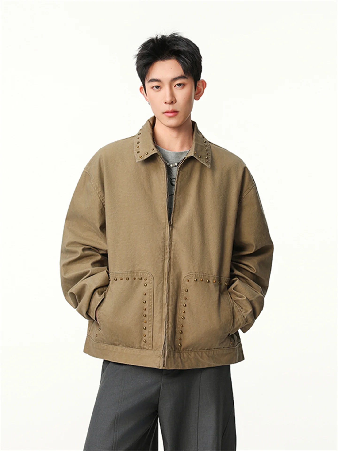 

Мужская классическая повседневная куртка American Vintage с воротником на заклепках, утепленная, на молнии, с длинными рукавами, для весеннего сезона