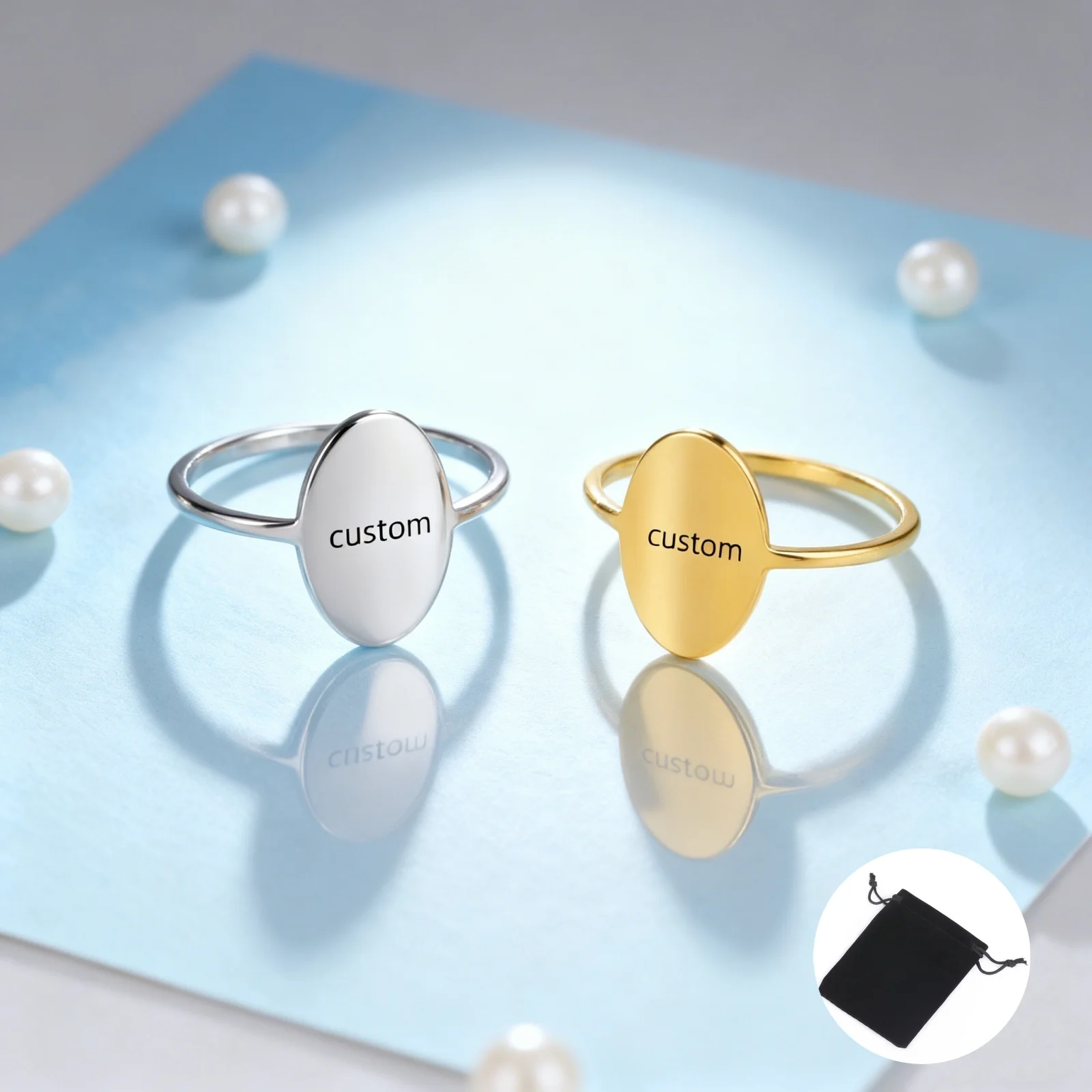 Customized Name Date Number Geometric Elliptical Ring Stainless Steel Personalized Cool Punk Light Plate Elliptical Ring
