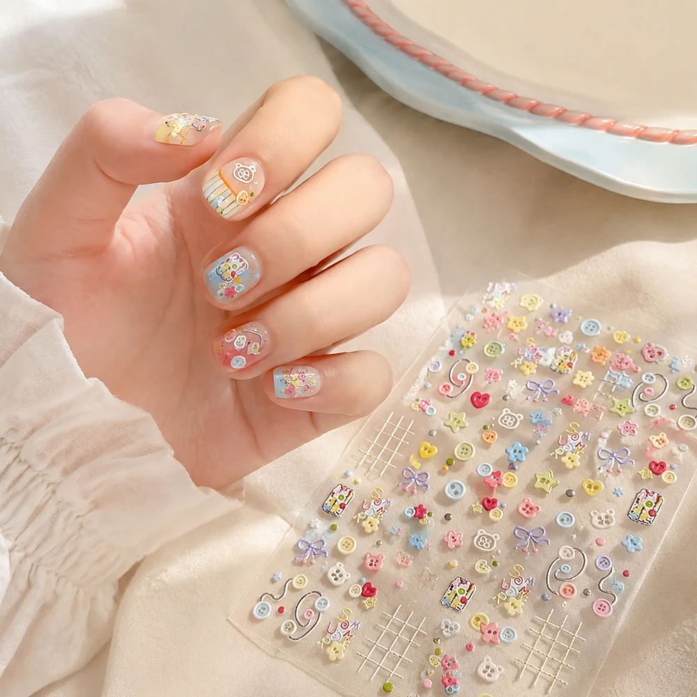 1Pc Sweet Self‑Adhesive Button Nail Stickers 5D Embossed Cartoon Sewing Grid Bow Flower Decals Colorful DIY Nail Art Supplies
