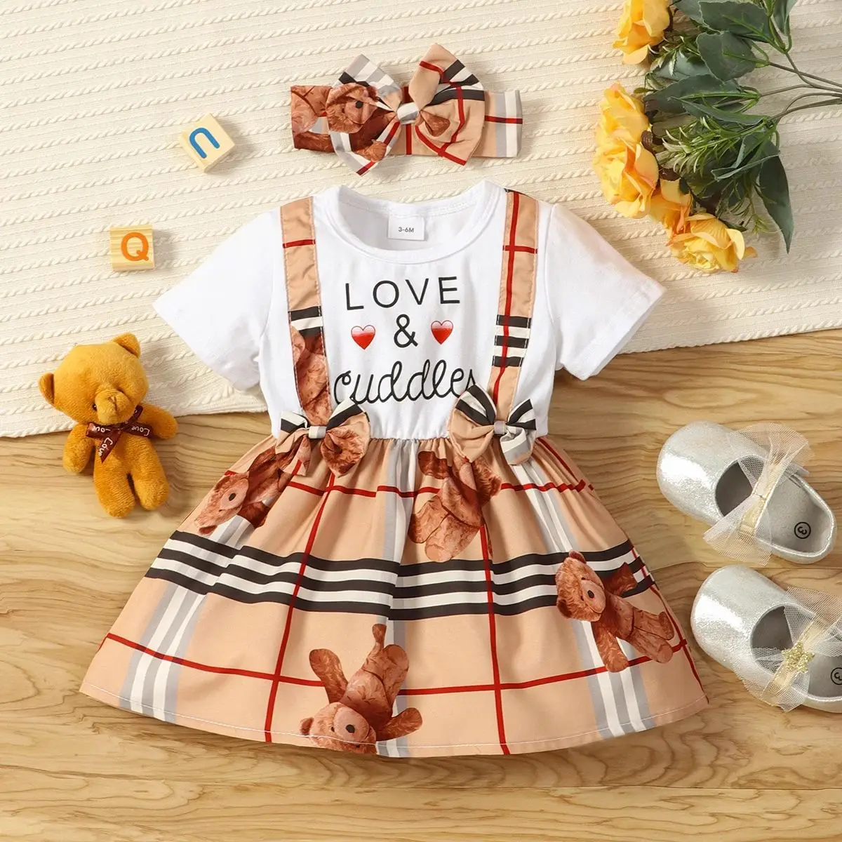 Baby Girl Summer Round Neck Letter Love Bear Print Fake Two Piece Dress