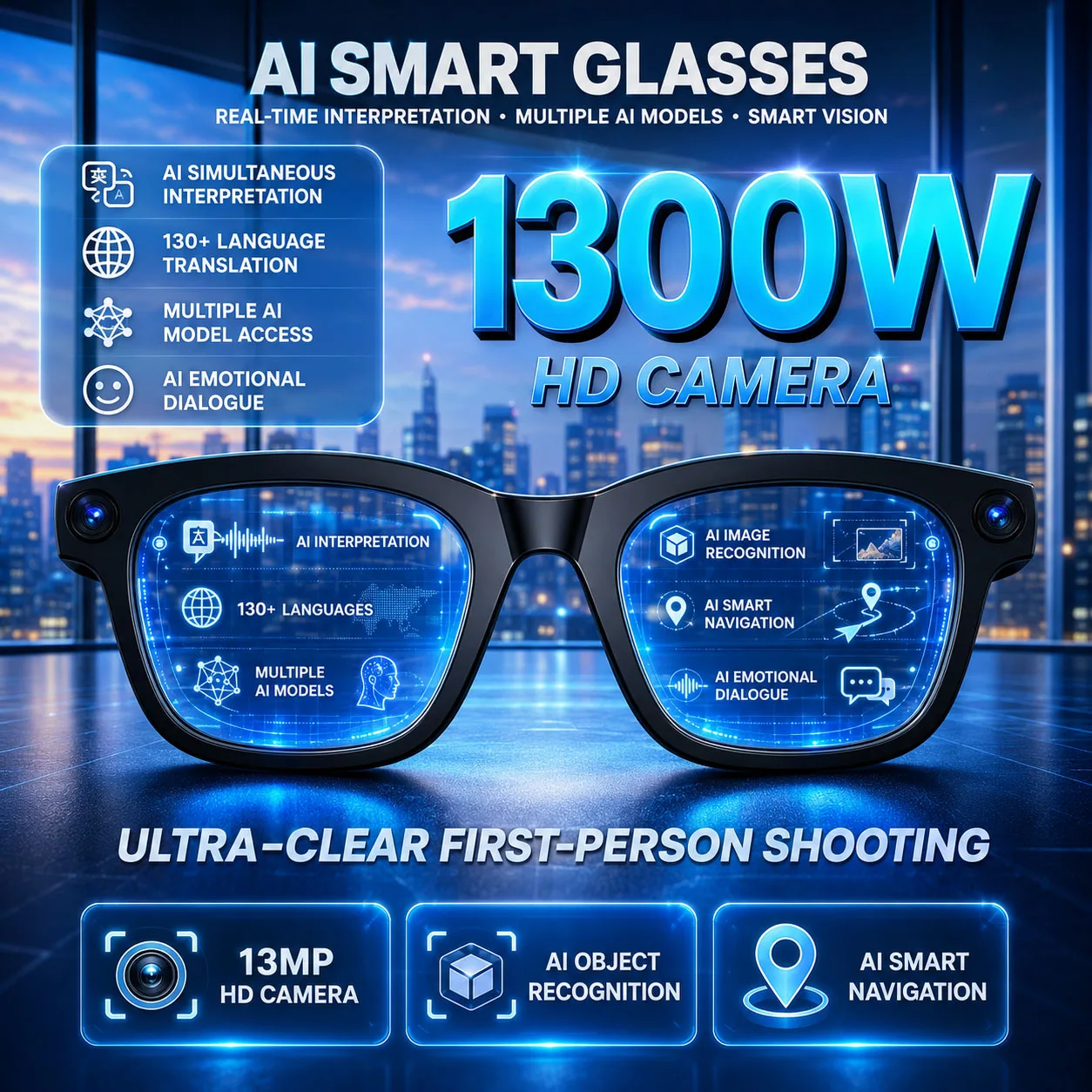 1300W Pixel Smart Glasses AI Language Assistant AI Translation Bluetooth Call Smart Navigation Video Live Broadcast Smartglasses