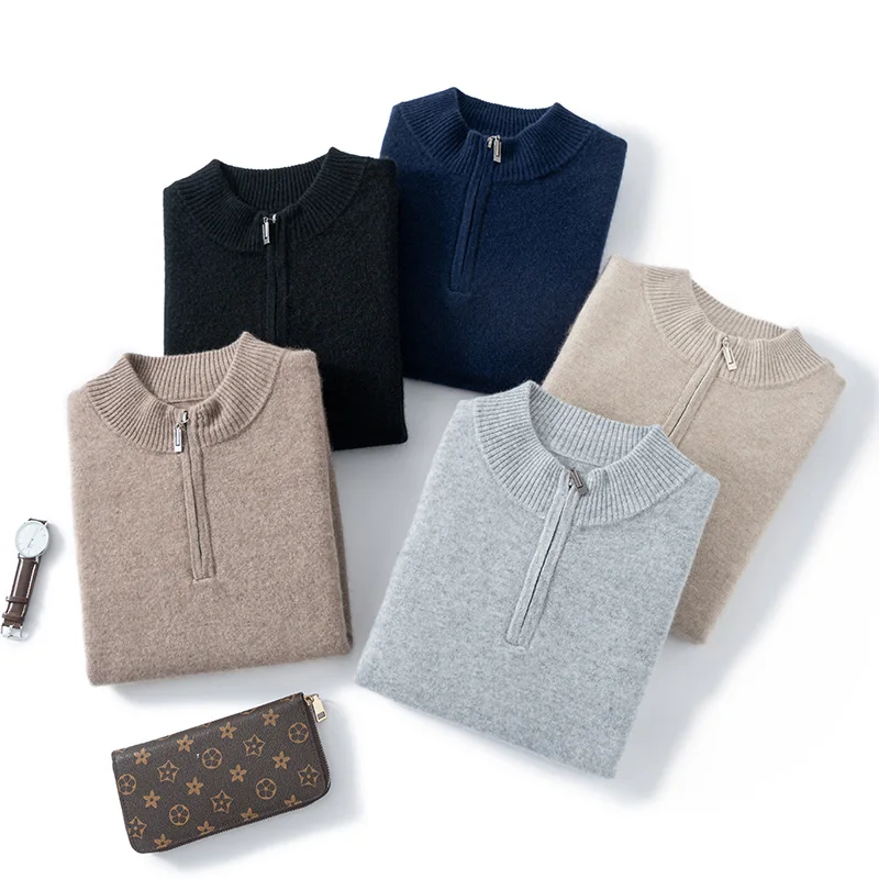 

Autumn Winter New Mock Neck 100% Cashmere Pullover Sweater Men's Soild Half Zipper Casual Versatile Knit Basic Long Sleeve Tops
