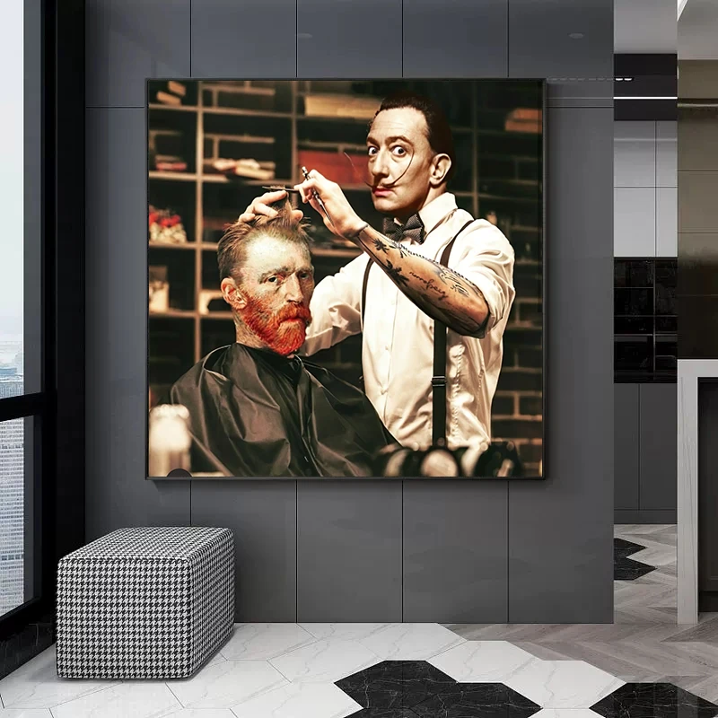 Painter Van Gogh Salvador Dali Barber Art Canvas Painting Retro Funny Figure Men's Haircut Wall Picture Poster Prints Home Decor