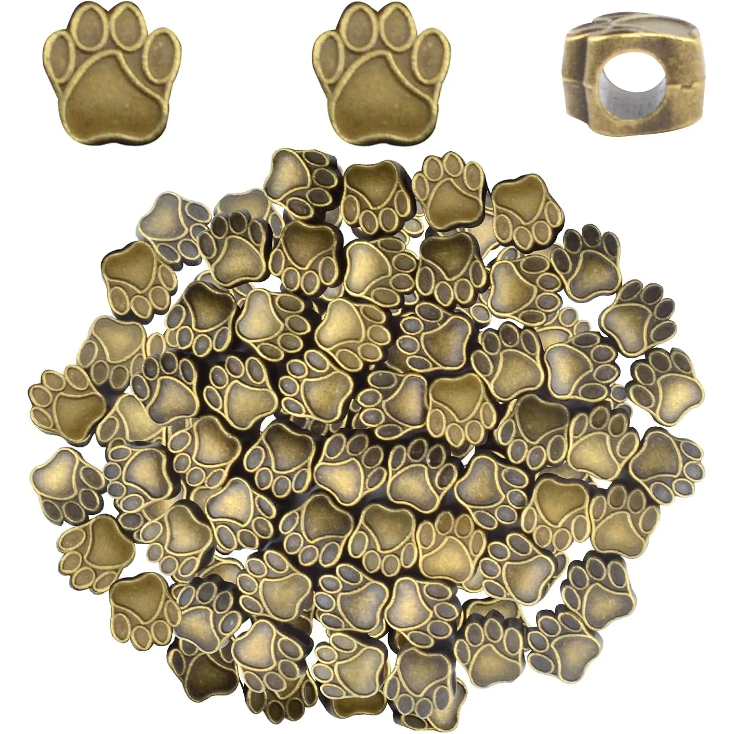 

50pcs Dog Paw Print Spacer Beads Vintage Alloy Cute Animal Bear Cat Footprint Bead Large Hole Loose Beads for Charm Bracelet