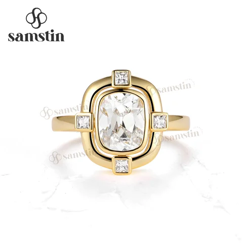 Samstin 3CT OMC Moissanite Rings for Women Solid 14K 10K Yellow Gold Cushion Cut Diamonds Ring for Anniversary Christmas Gifts