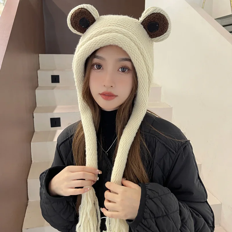 Frog Knitted Knitted Knitted Woolen Hat Outdoor Thermal Pullover Hat Cute Big Eyes Ear Protection Hat Every Student Cap