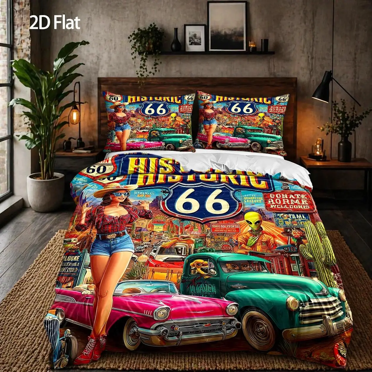 3-Piece Quilt Cover Set, 1 Quilt Cover + 2 Pillowcases (Without Filling) 2D Flat Priting, Retro Route 66, Retro Art Style, June Festival, Three-Piece Quilt Cover Set, Suitable for All Seasons, Machine Washable, Invisible Zipper, Suitable for Home, Dormitory, Master Bedroom, Guest Room Use